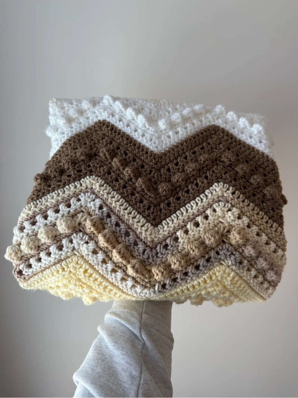 Handmade Chevron Crochet Baby Blanket - Cream, Brown, Pale Yellow, White